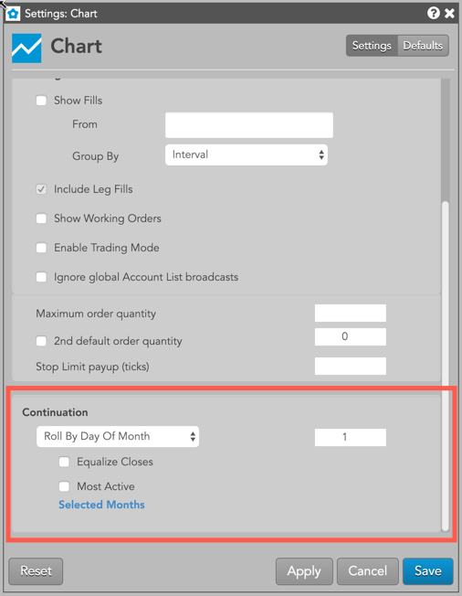 Continuation Chart settings