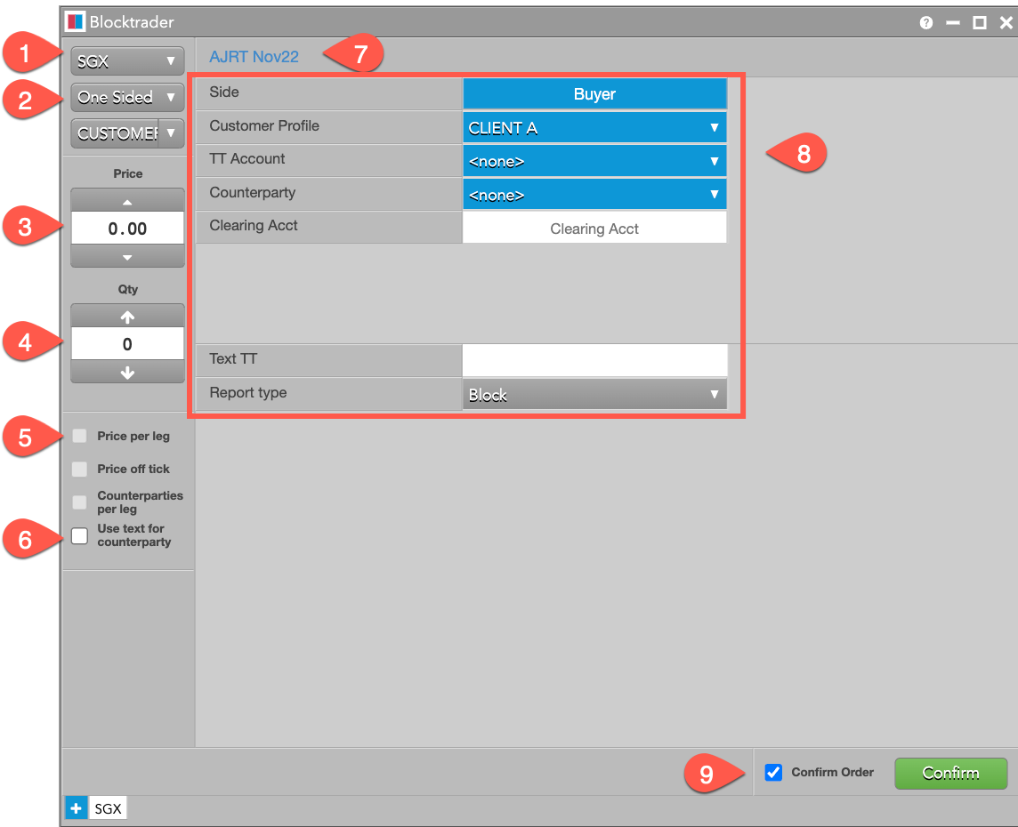 One sided trade fields Annotated SGX Blocktrader Widget
